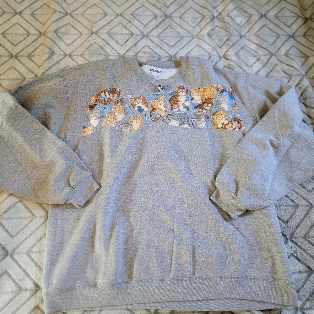 Vintage Gray Patchwork Kitten Images Crewneck Sweatshirt Size L Grannycore Cats